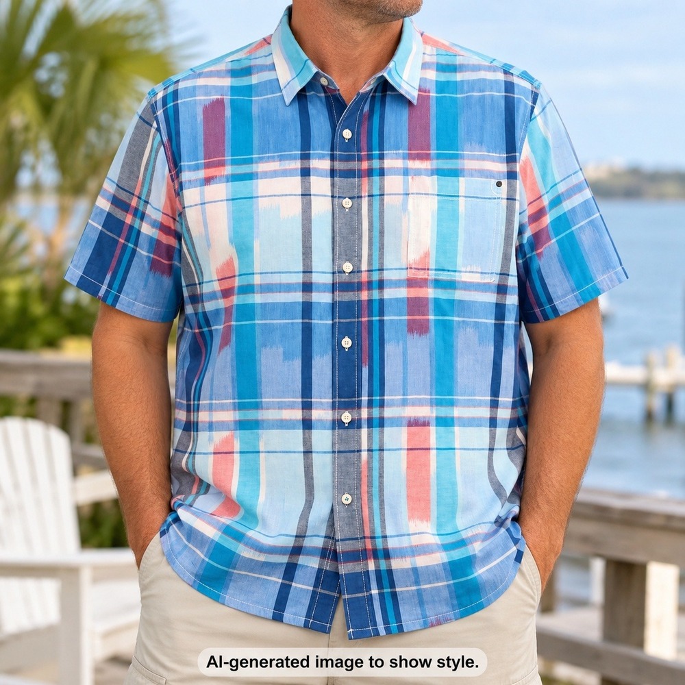 Tommy Bahama Mens XXL Blue Ikat Plaid 100% Cotton Short Sleeve Button Up Shirt